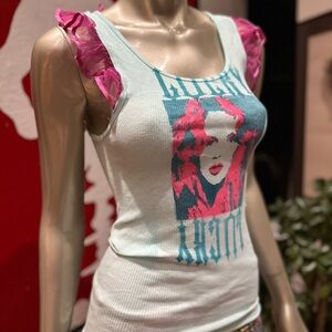 Brigitte Bardot LUCKY distressed ribbed graffiti soft tank top ruffle sleeve S